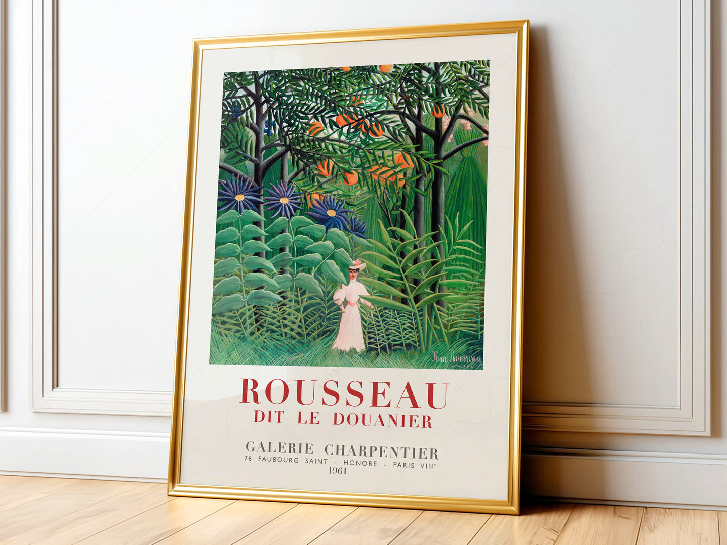 Henri Rousseau Woman Walking in an Exotic Forest art print featuring a figure in white amid lush jungle foliage.