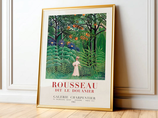 Henri Rousseau Woman Walking in an Exotic Forest art print featuring a figure in white amid lush jungle foliage.