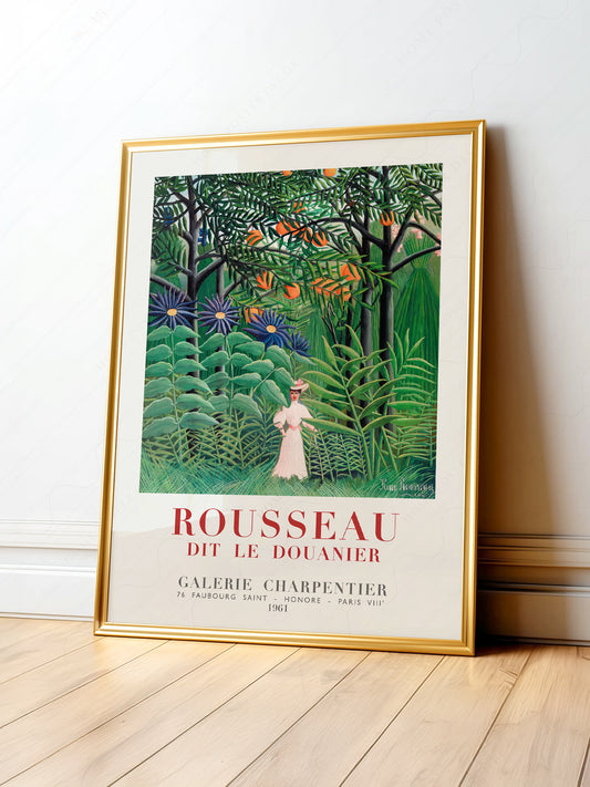 Henri Rousseau Woman Walking in an Exotic Forest art print featuring a figure in white amid lush jungle foliage.