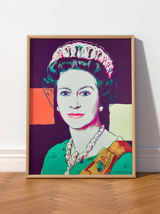 Andy Warhol Queen Elizabeth II Pop wall art print displayed in a bright modern living room