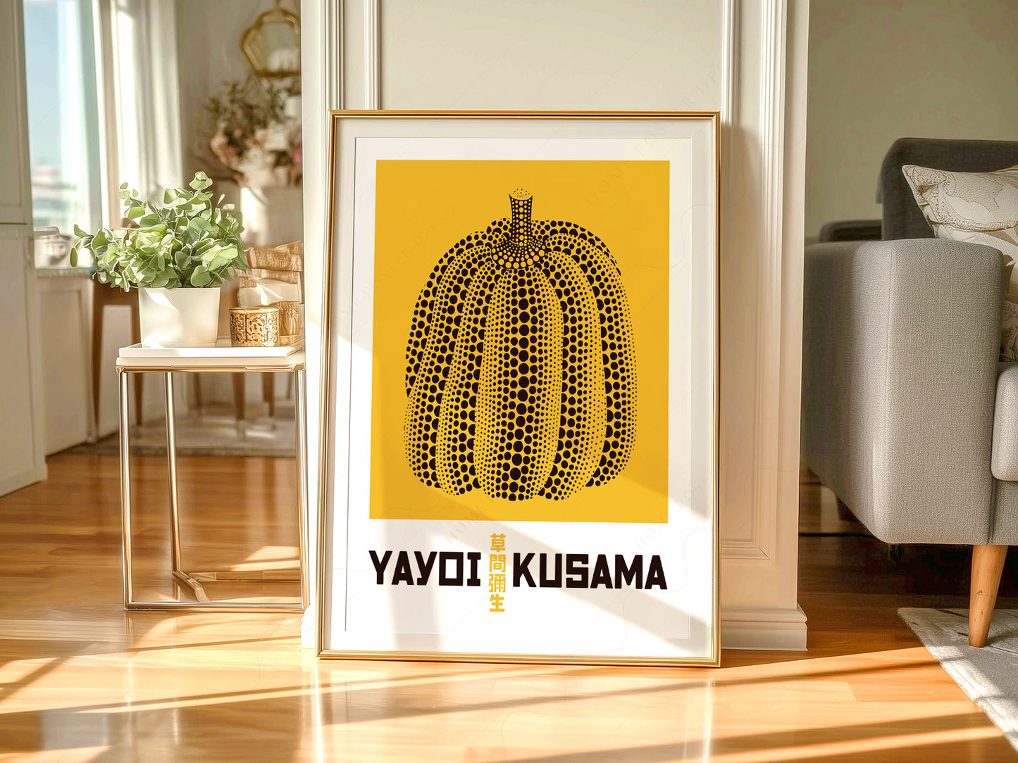 Yayoi Kusama art print styled in a Scandinavian bedroom