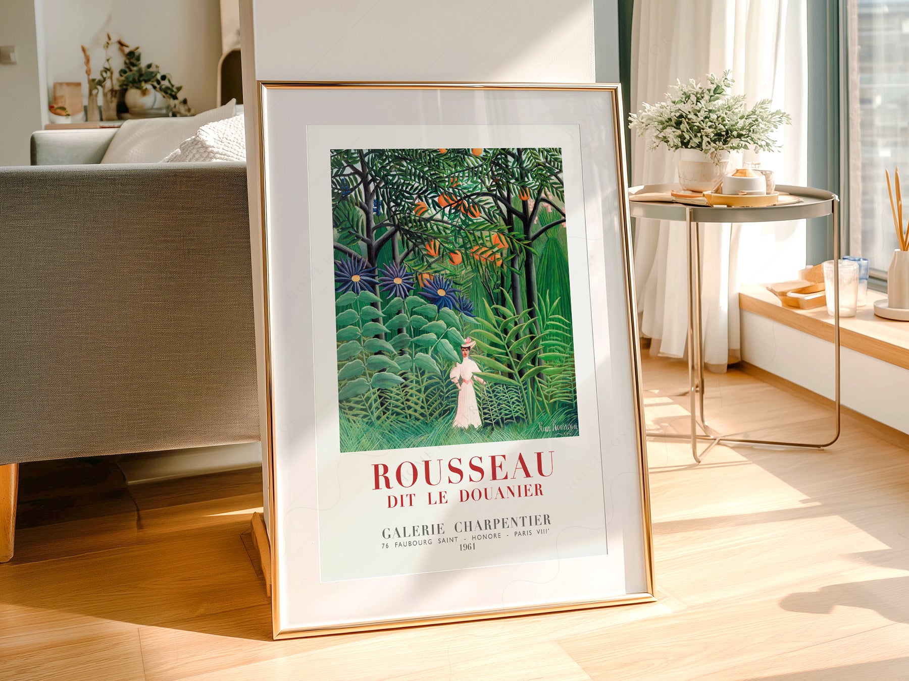 Henri Rousseau Woman Walking in an print styled in a mid-century modern dining room