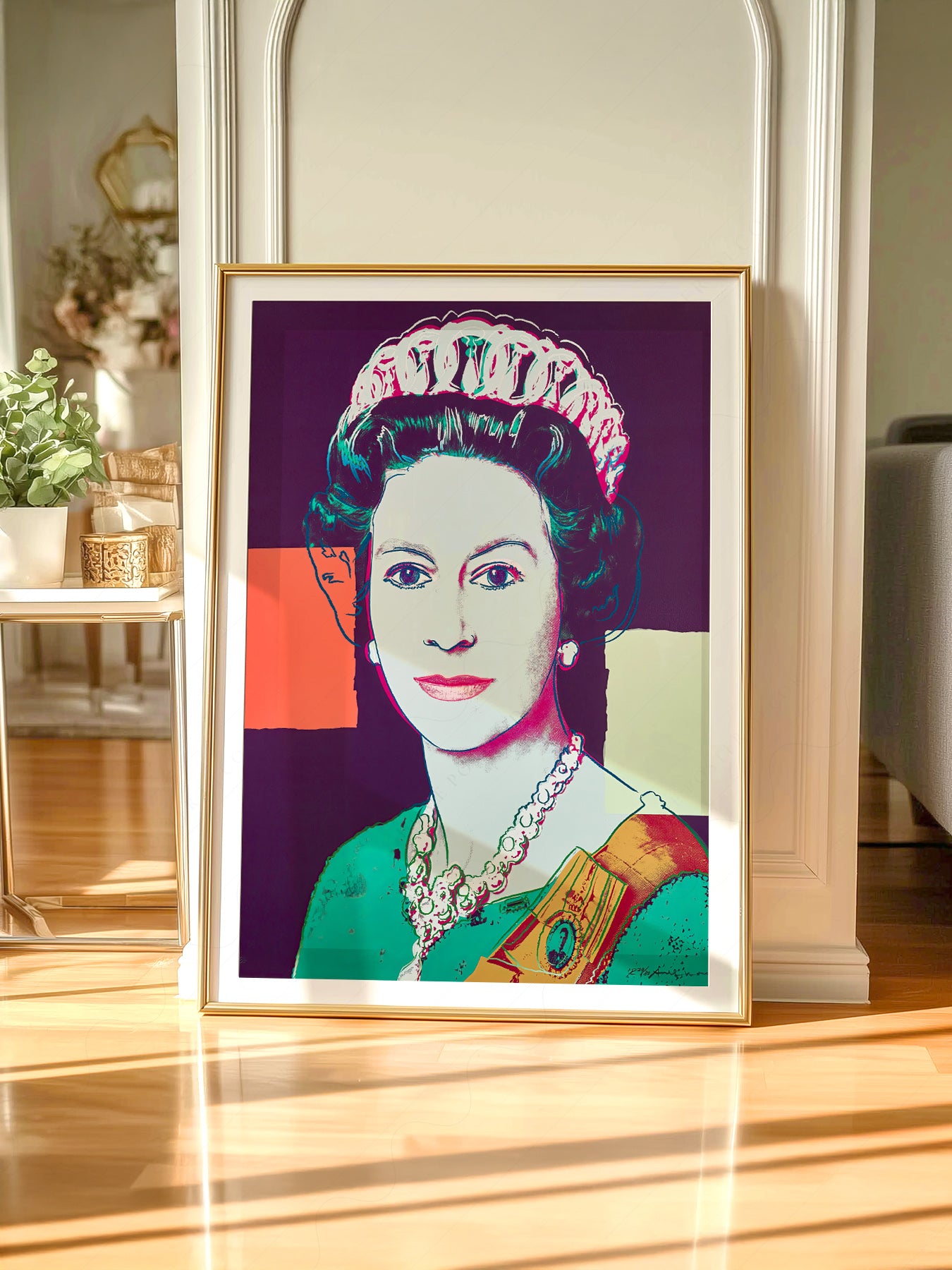 Gallery wall featuring Andy Warhol Queen Elizabeth II Pop fine art print