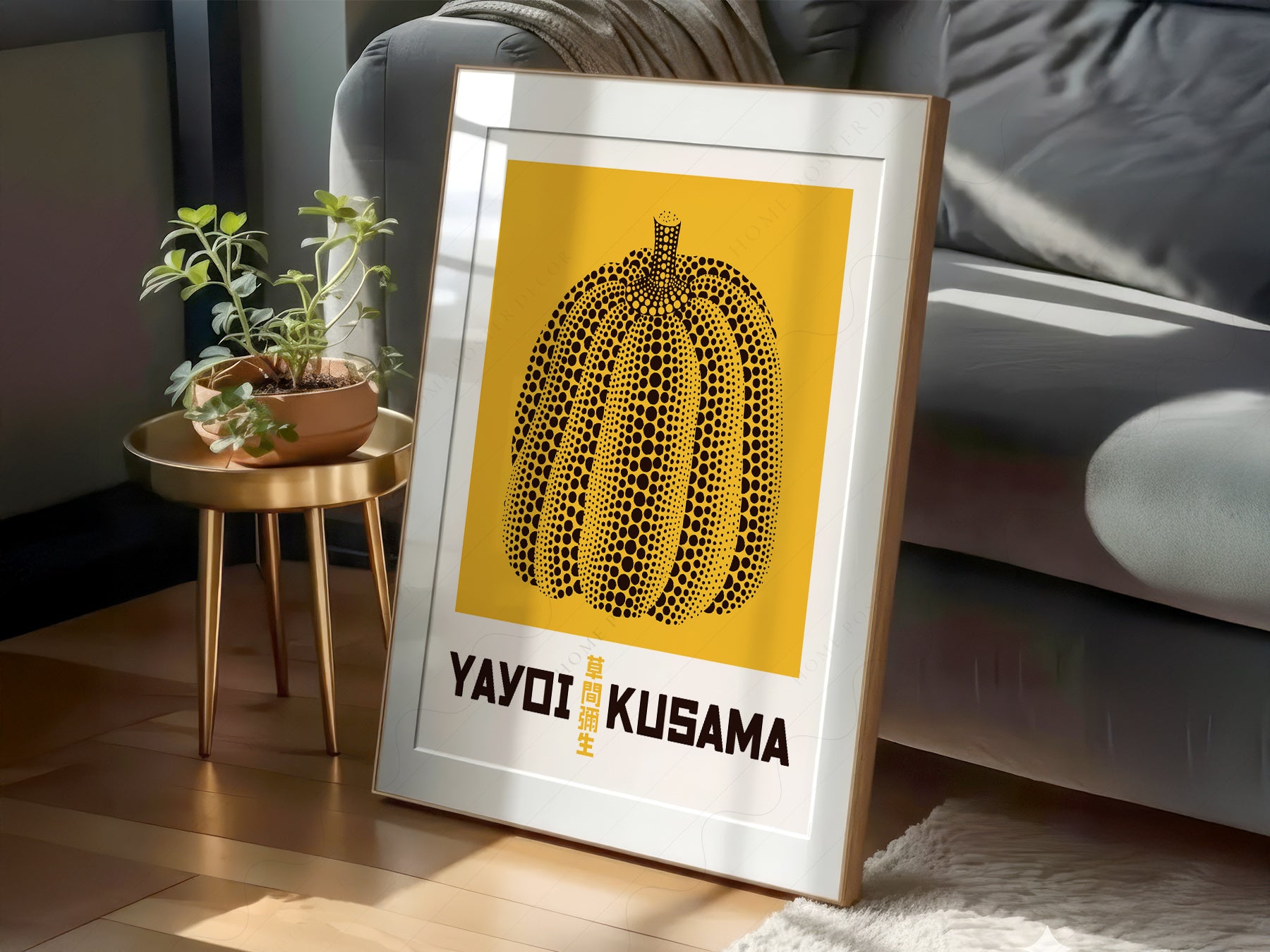 Yayoi Kusama wall art in a cozy home study or reading room