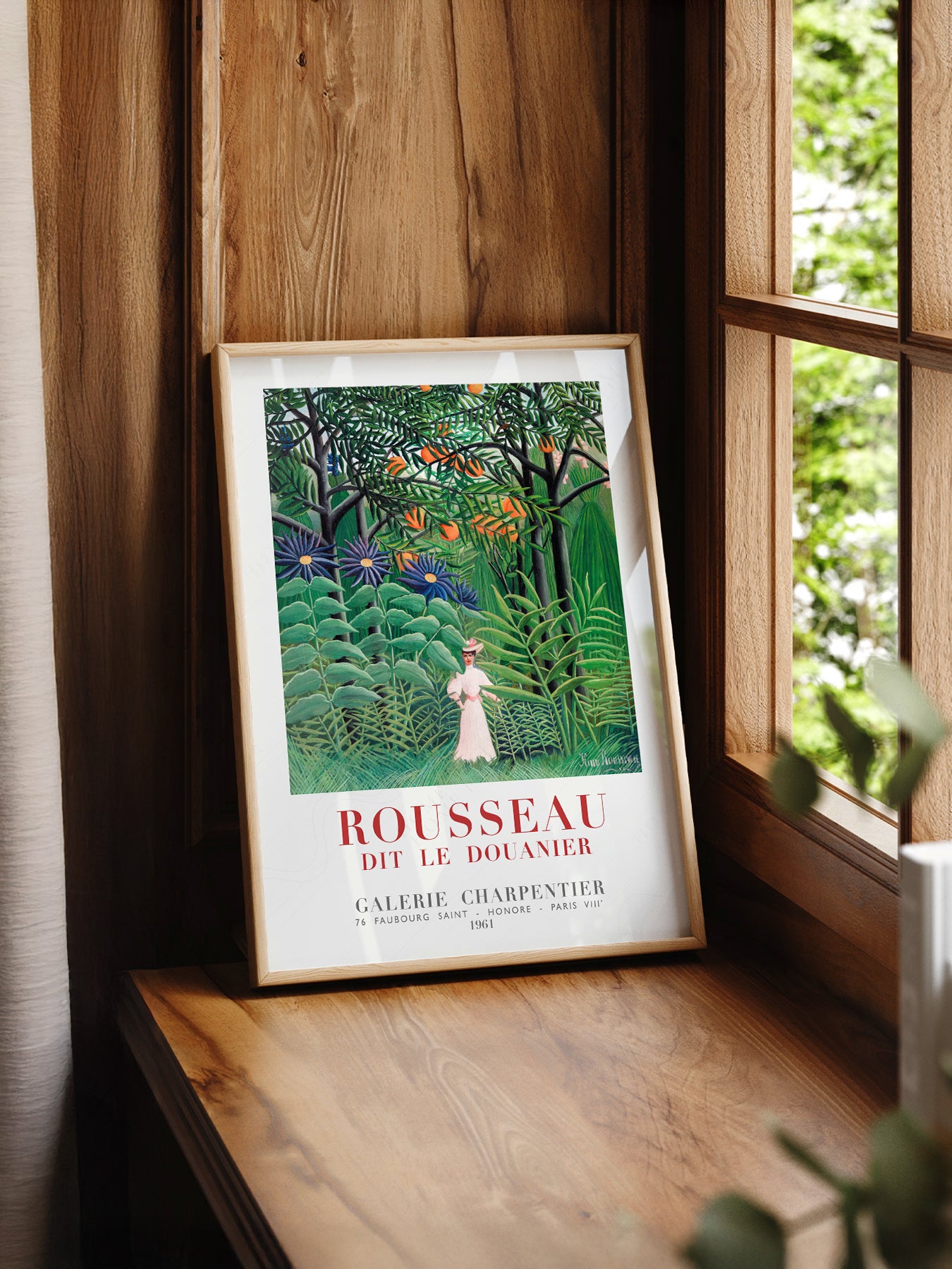 Henri Rousseau Woman Walking in an print styled in a mid-century modern dining room