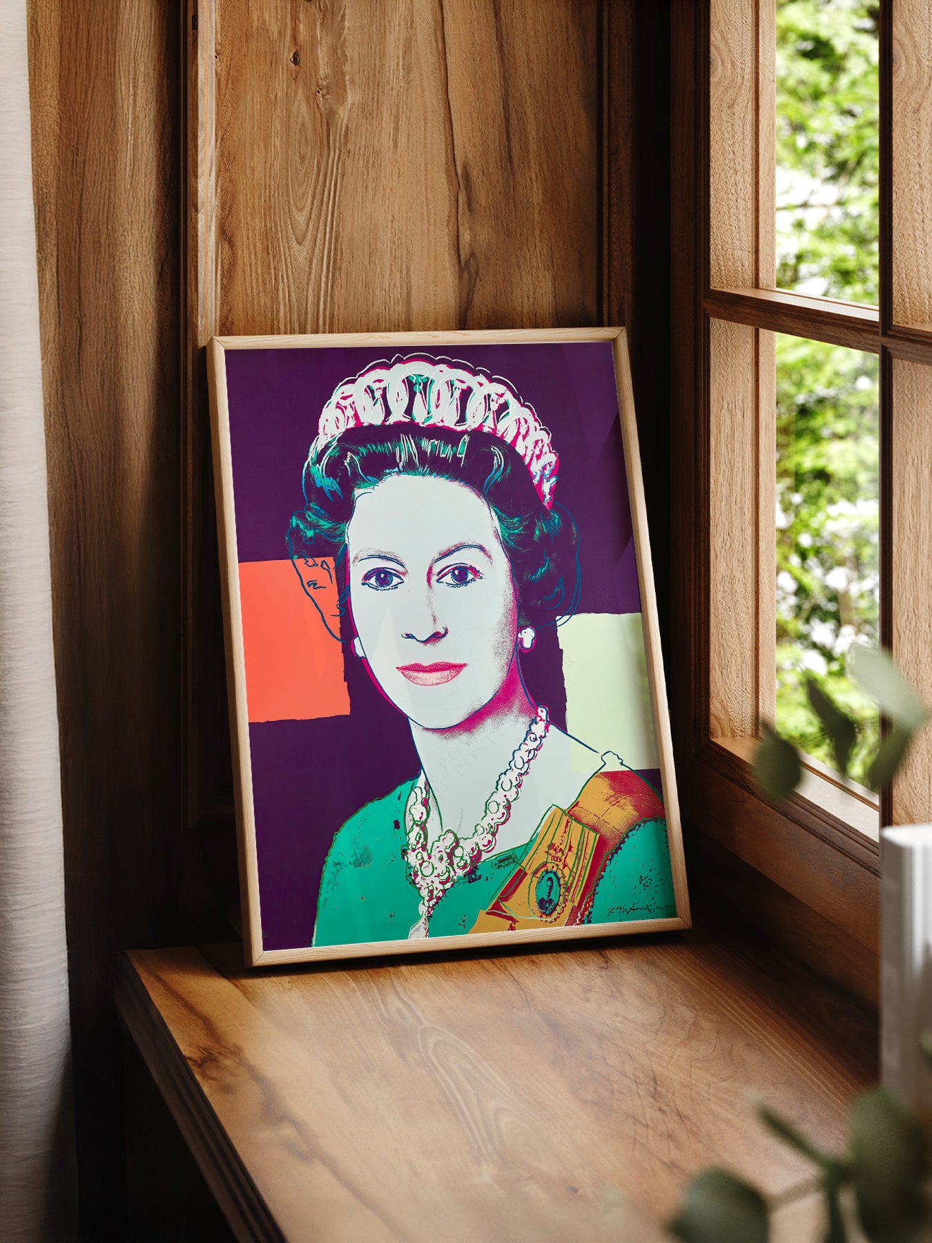Andy Warhol Queen Elizabeth II Pop print styled in a mid-century modern dining room