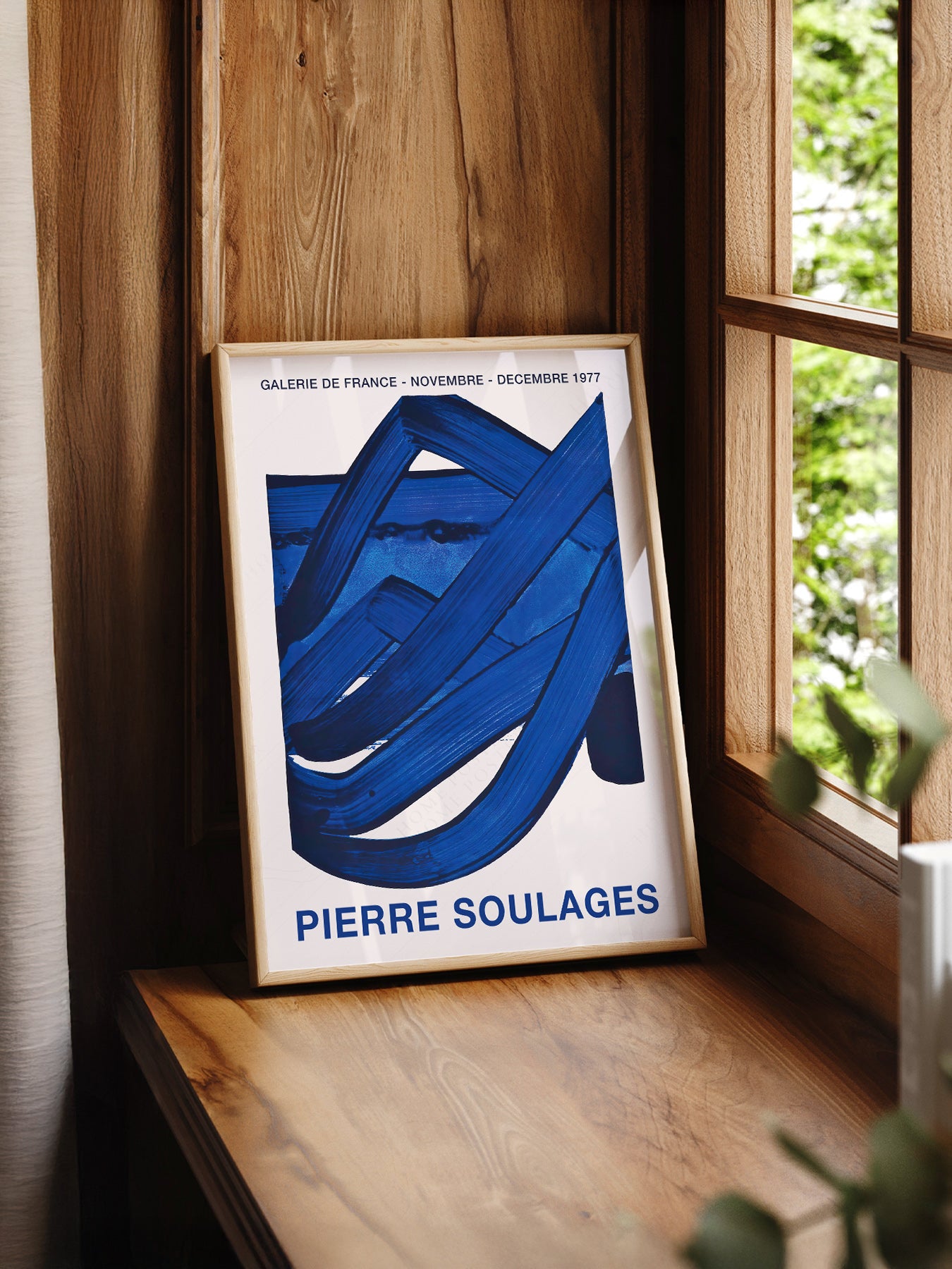 Pierre Soulages Galerie de France 1977 print styled in a mid-century modern dining room