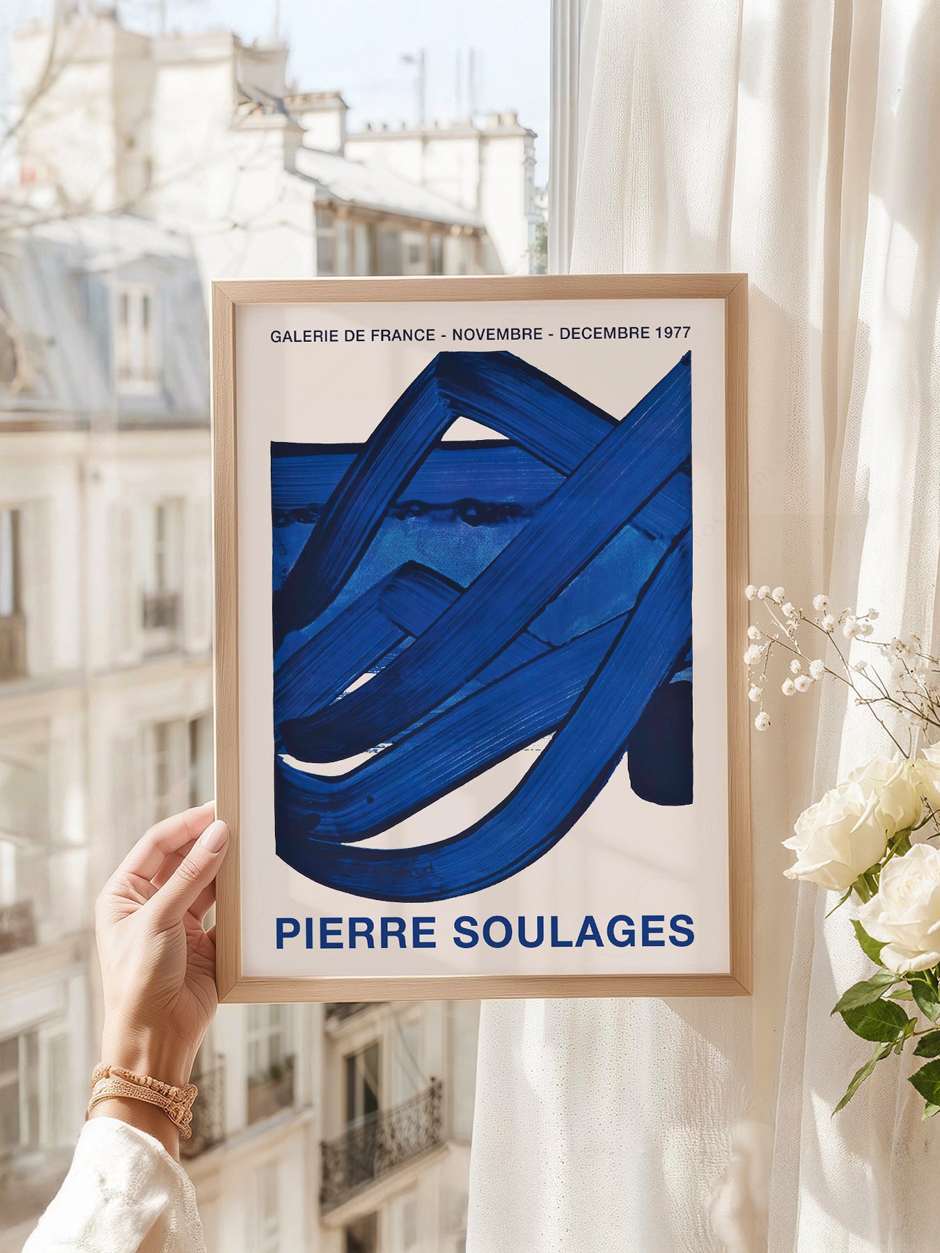 Pierre Soulages Galerie de France 1977 art print as wall decor in a minimalist home office