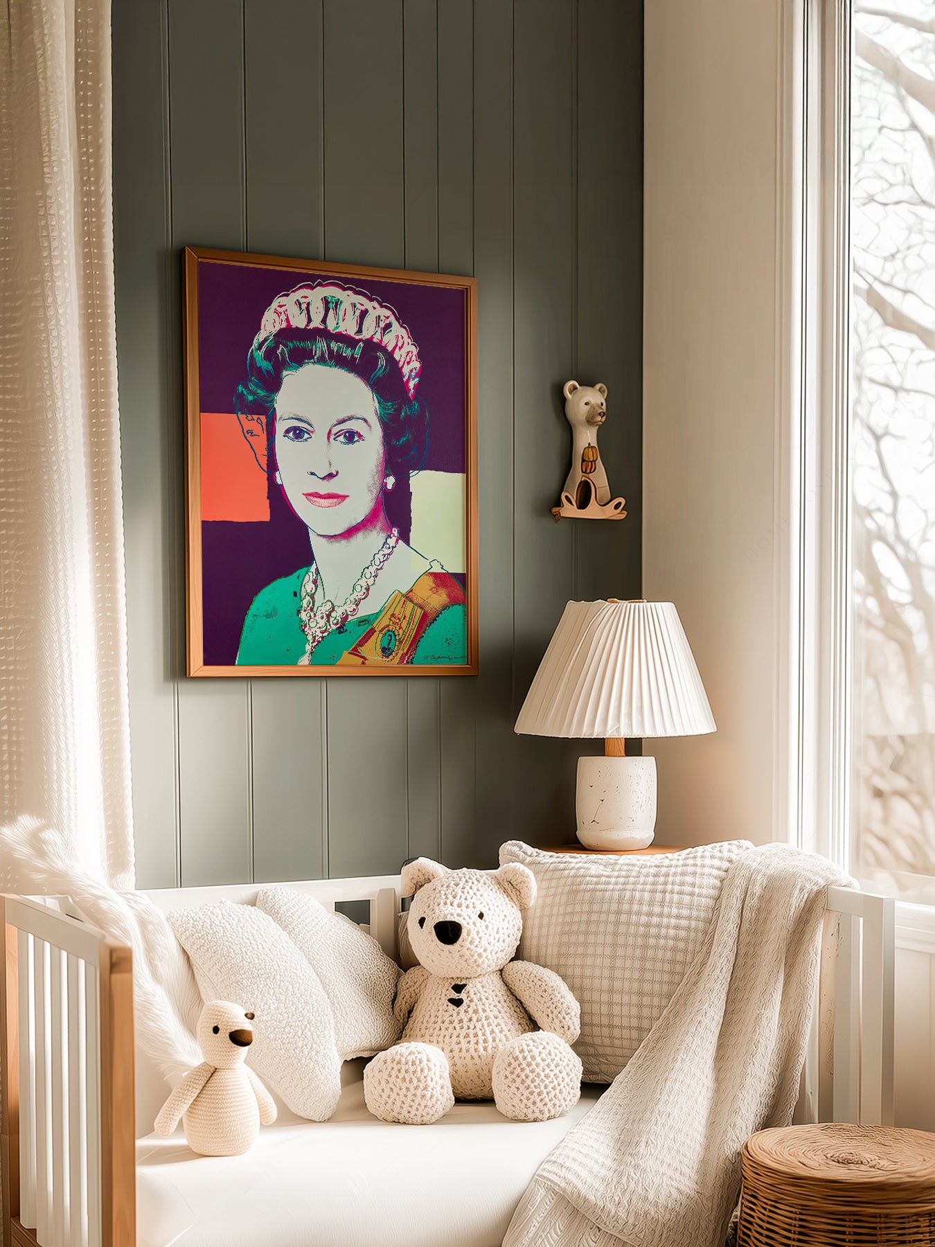 Andy Warhol Queen Elizabeth II Pop in a light-filled Japandi-inspired living space