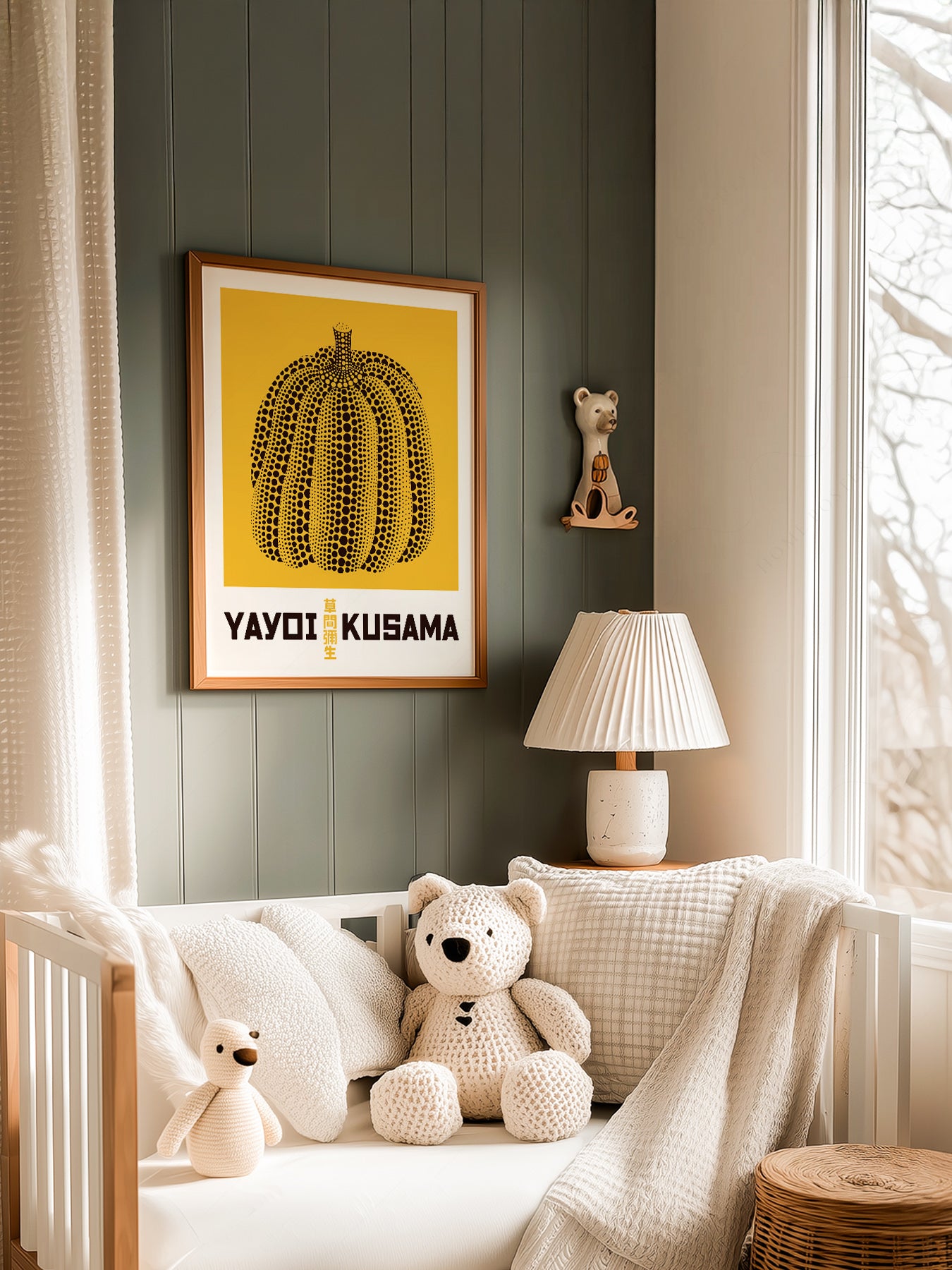 Yayoi Kusama Yellow Pumpkin in a light-filled Japandi-inspired living space