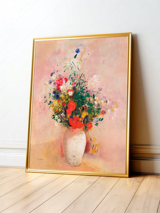 Odilon Redon Flowers in Vase art print featuring a colorful bouquet in soft peachy tones.