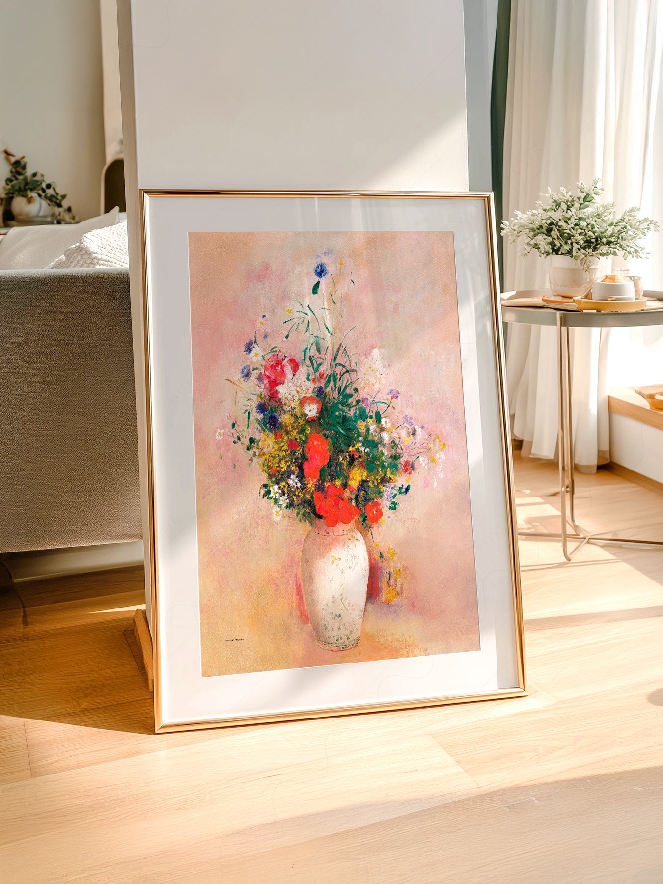 Odilon Redon Flowers in Vase styled in a Scandinavian bedroom