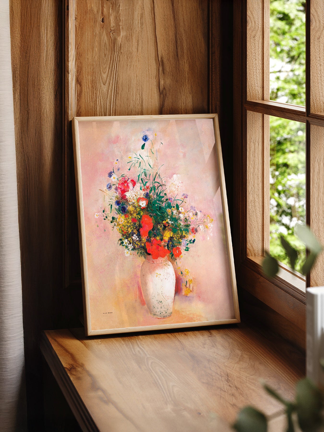 Odilon Redon Flowers in Vase print styled in a mid-century modern dining room