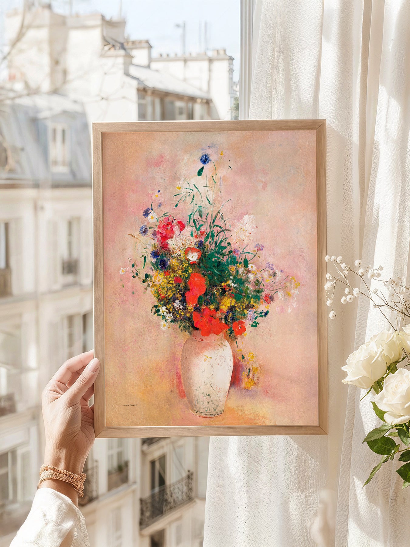 Odilon Redon Flowers in Vase art print as wall decor in a minimalist home office