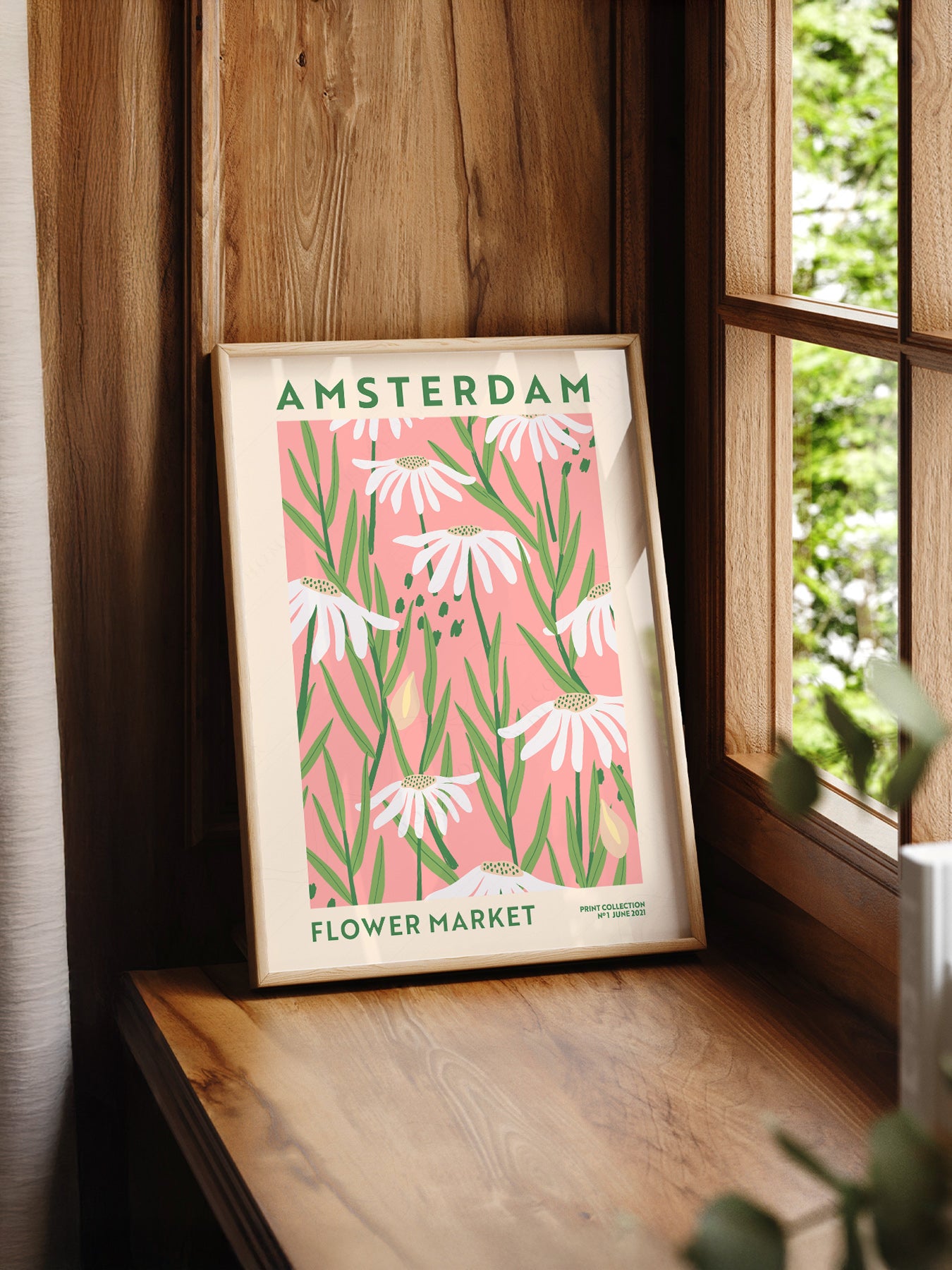 Amsterdam Flower Market print styled in a mid-century modern dining room