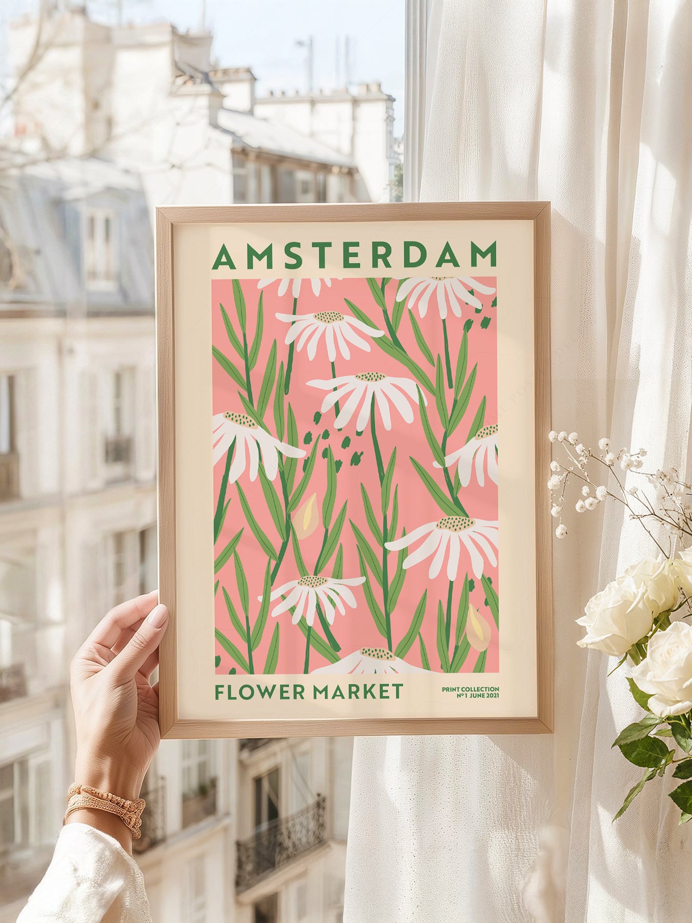 Amsterdam Flower Market art print as wall decor in a minimalist home office