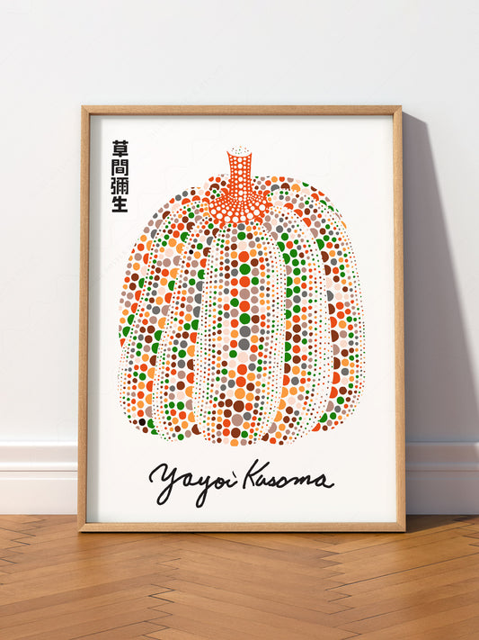 Yayoi Kusama Colorful Pumpkin wall art print displayed in a bright modern living room