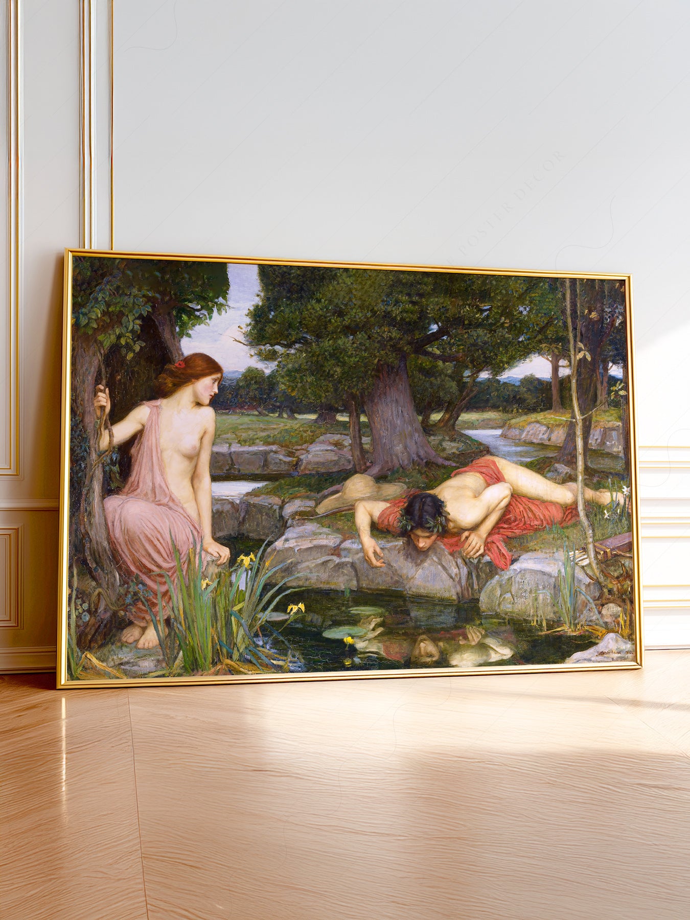 John William Waterhouse Echo and Narcissus art print depicting the Greek myth in a woodland setting with pool reflection.