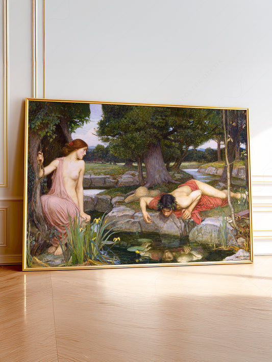 John William Waterhouse Echo and Narcissus art print depicting the Greek myth in a woodland setting with pool reflection.