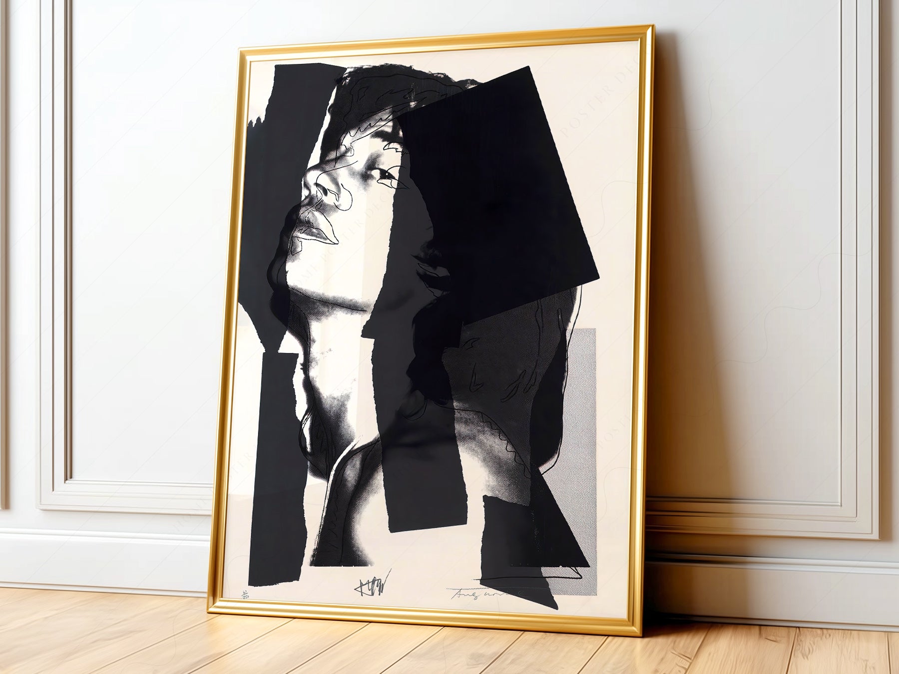 Andy Warhol Mick Jagger Pop Art print featuring fragmented black and white portrait in bold collage style.
