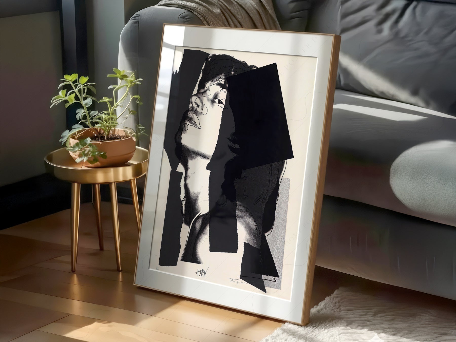 Andy Warhol Mick Jagger Portrait print styled in a mid-century modern dining room