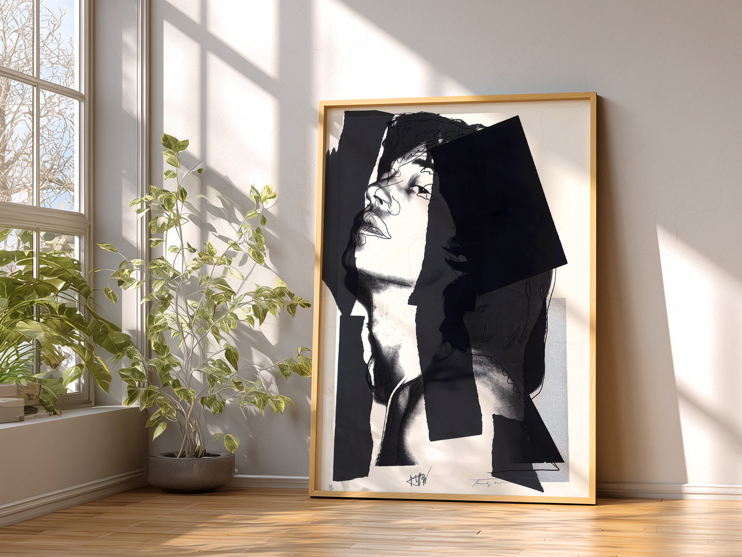 Andy Warhol Mick Jagger Portrait in a light-filled Japandi-inspired living space