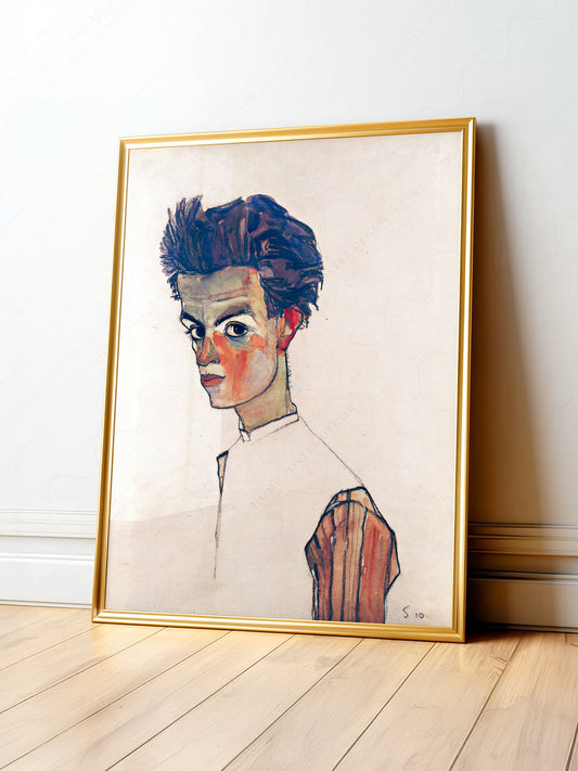 Egon Schiele Self-Portrait expressionist art print featuring the artist's intense gaze and angular style in muted tones.