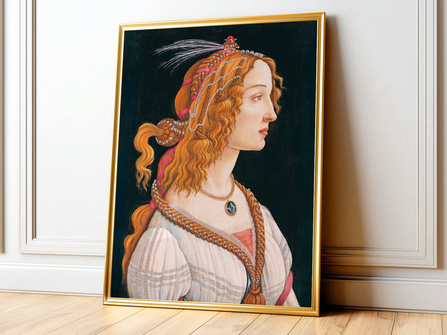 Sandro Botticelli Simonetta Vespucci Renaissance portrait art print featuring a woman with golden hair and pearls.
