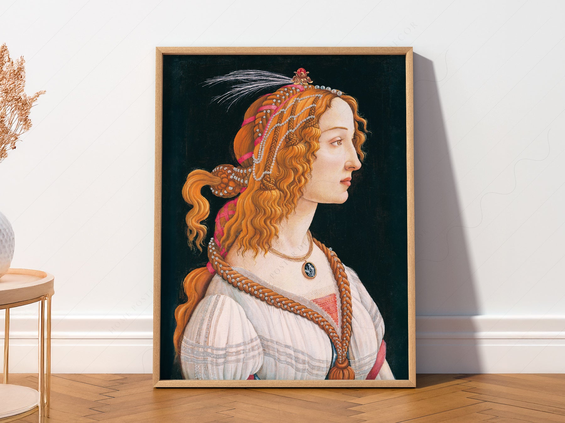 Sandro Botticelli Simonetta Vespucci art print as wall decor in a minimalist home office