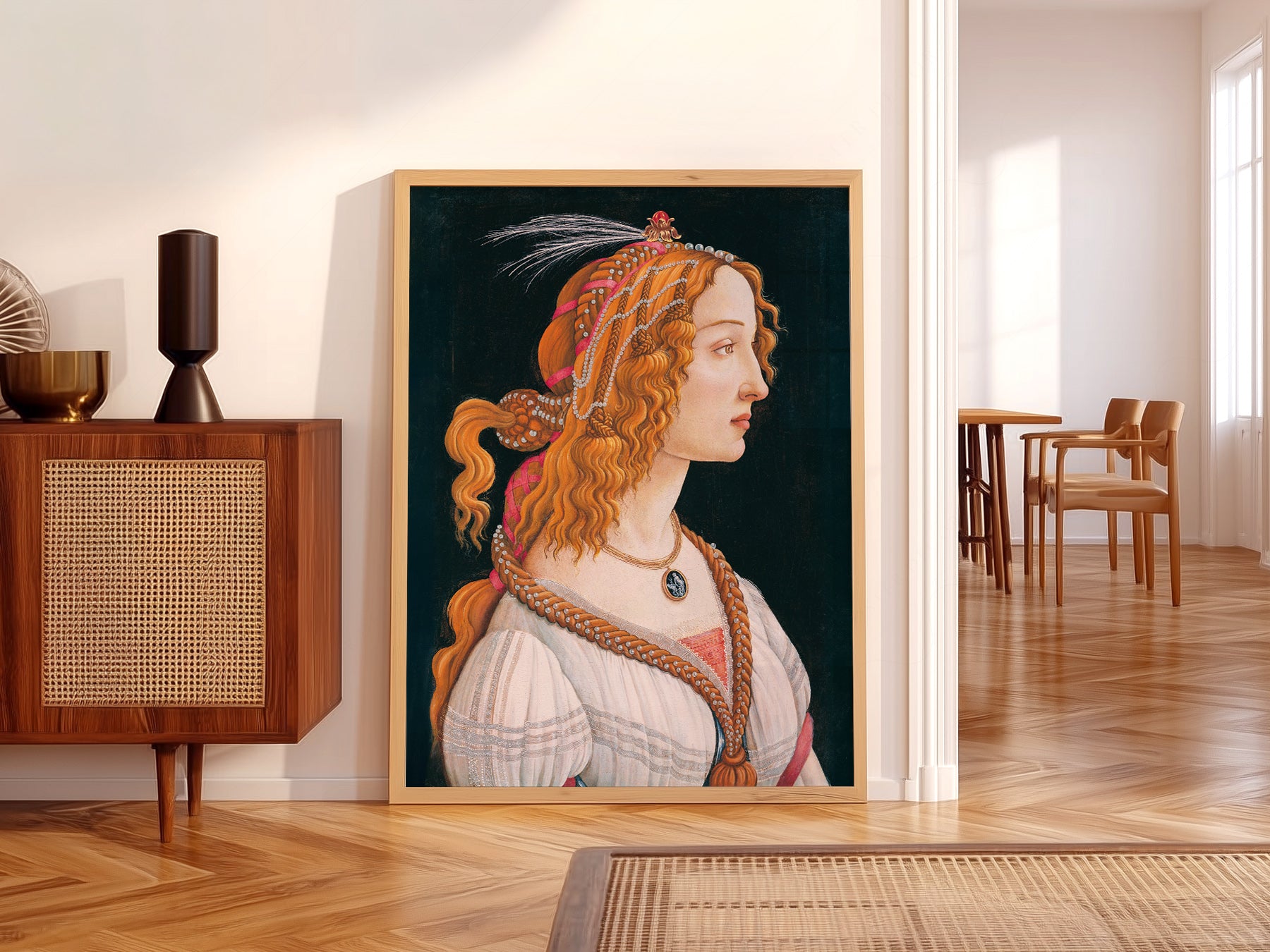 Sandro Botticelli Simonetta Vespucci wall art print displayed in a bright modern living room