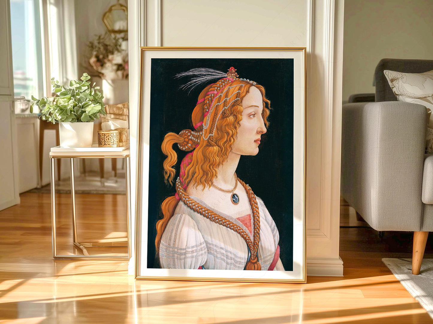 Sandro Botticelli Simonetta Vespucci styled in a Scandinavian bedroom