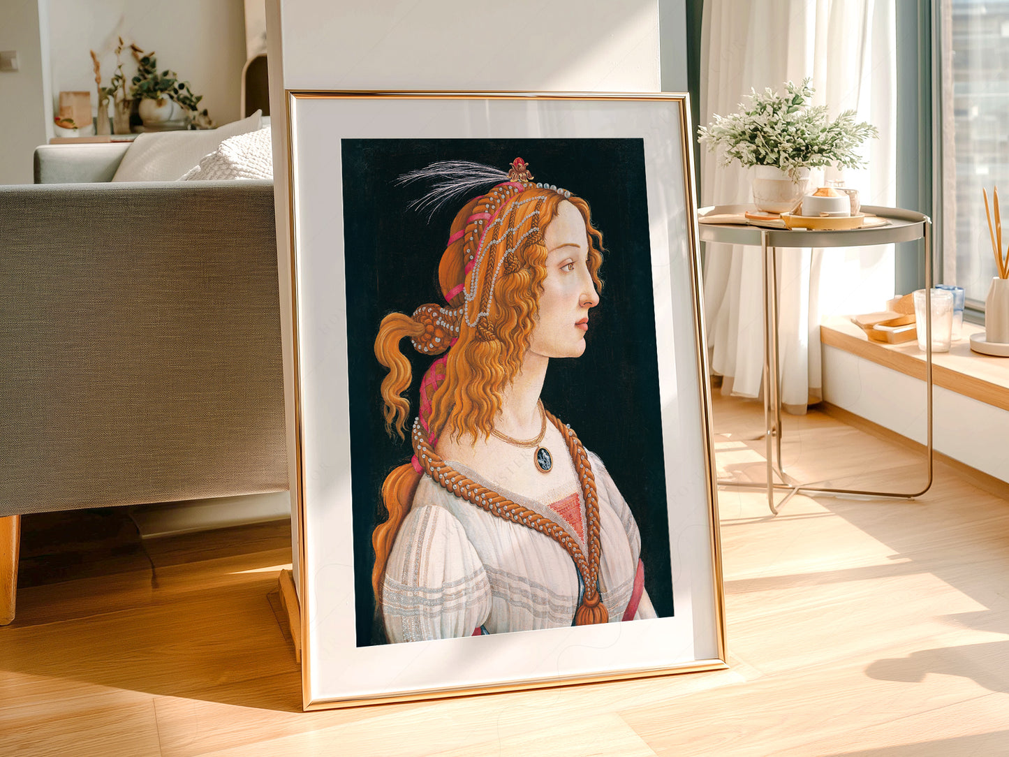 Sandro Botticelli Simonetta Vespucci print styled in a mid-century modern dining room