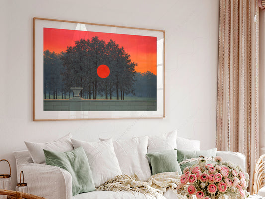 René Magritte The Banquet wall art print displayed in a bright modern living room