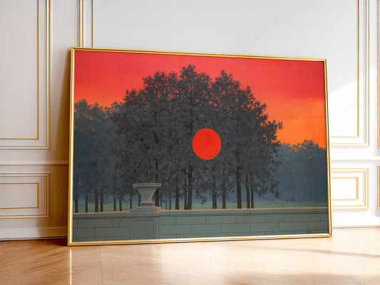 René Magritte The Banquet surrealist art print featuring a red sun among dark silhouetted trees against a crimson sky.