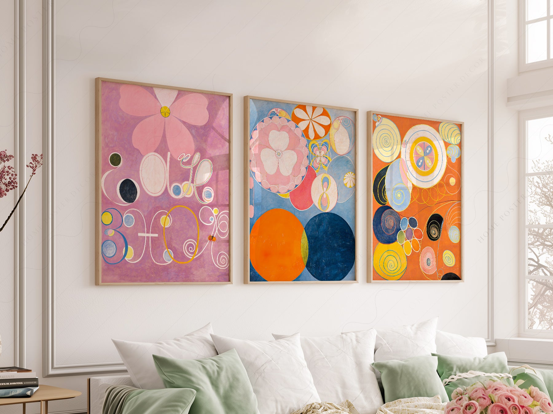 Hilma af Klint The Ten Largest set of 3 abstract wall art prints with vibrant circles and organic shapes.