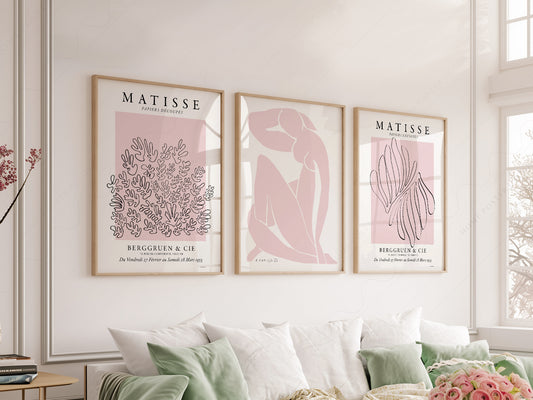 Henri Matisse Gallery Wall Set of 3 wall art print displayed in a bright modern living room