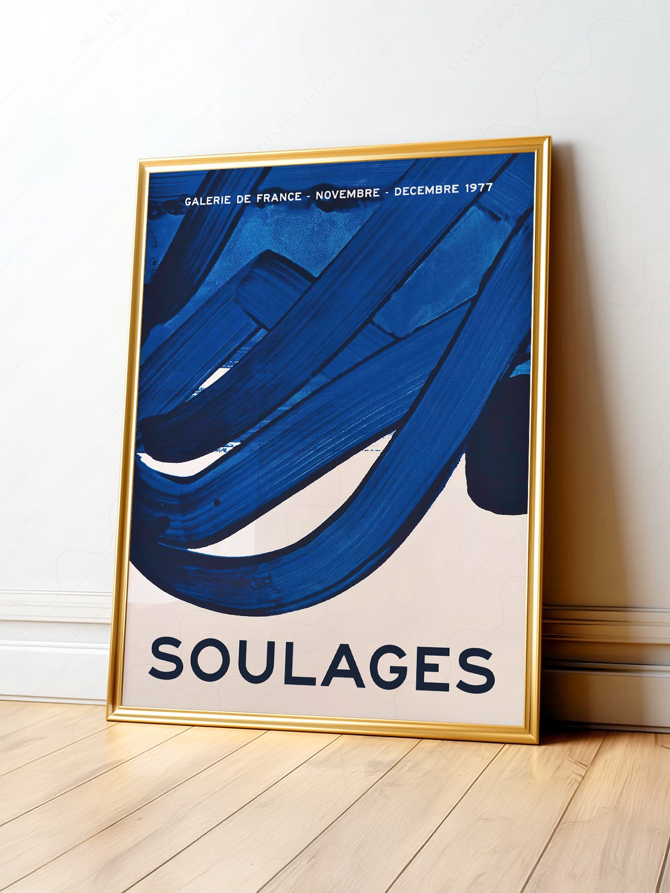 Pierre Soulages 1977 Galerie de France exhibition poster featuring bold blue abstract brushstrokes as wall art print.