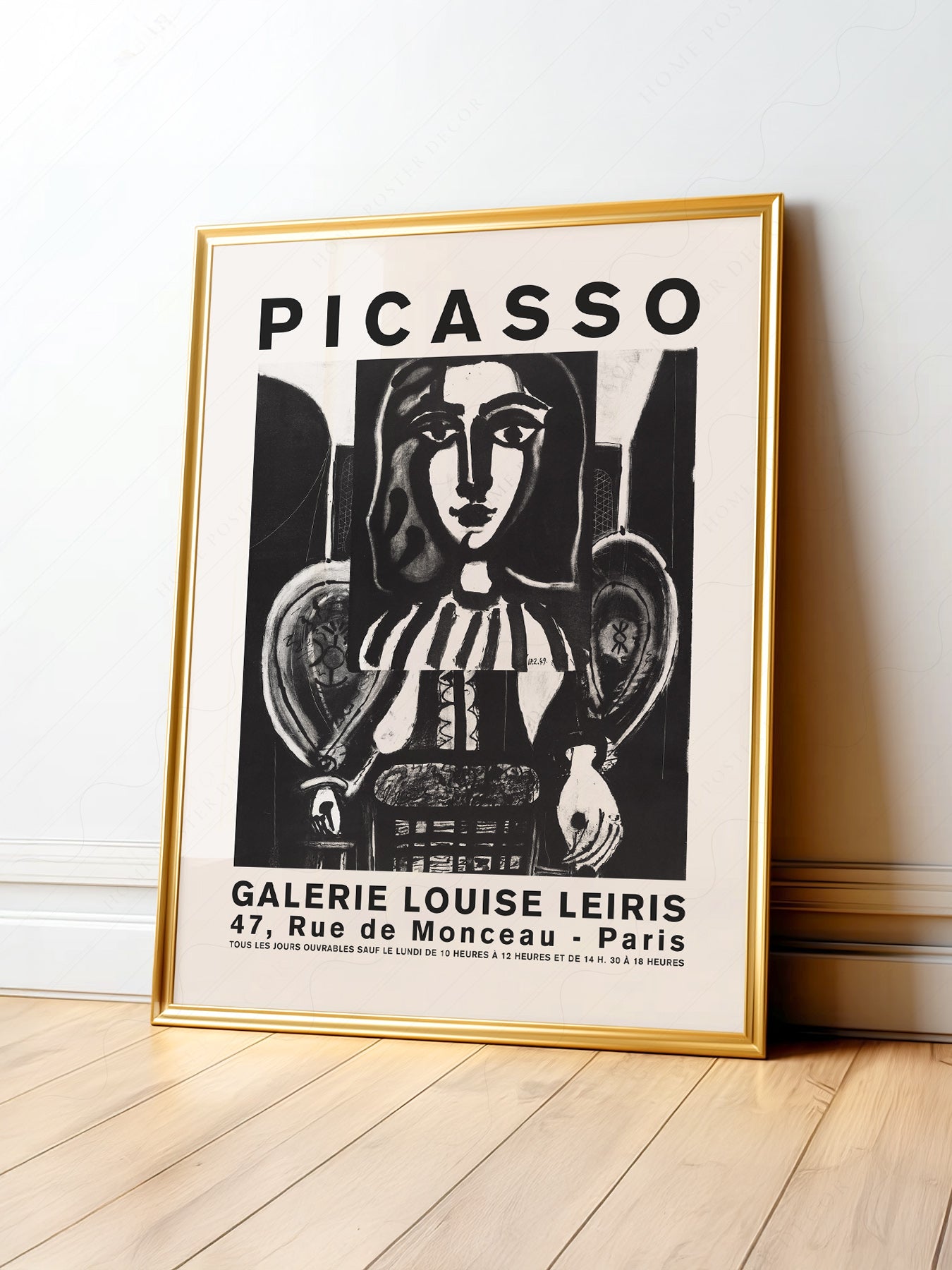 Pablo Picasso Galerie Louise Leiris exhibition poster featuring a stylized black and white portrait in modernist style.