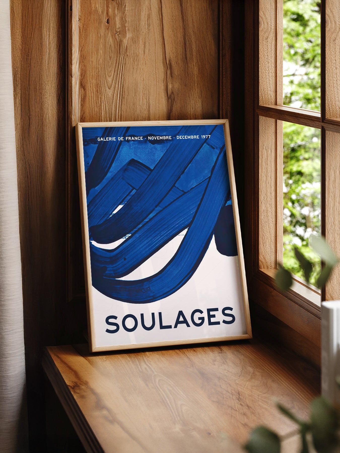 Pierre Soulages Galerie de France 1977 print styled in a mid-century modern dining room