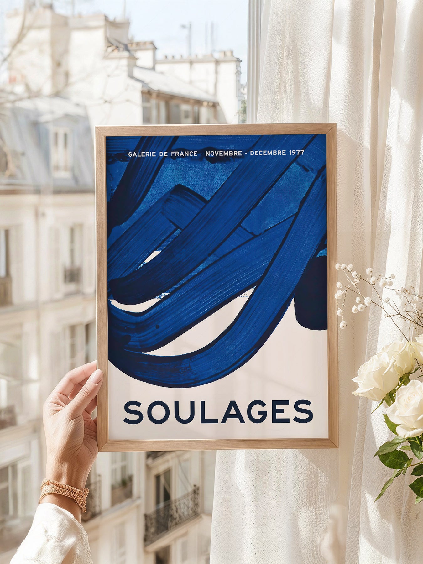 Pierre Soulages Galerie de France 1977 art print as wall decor in a minimalist home office
