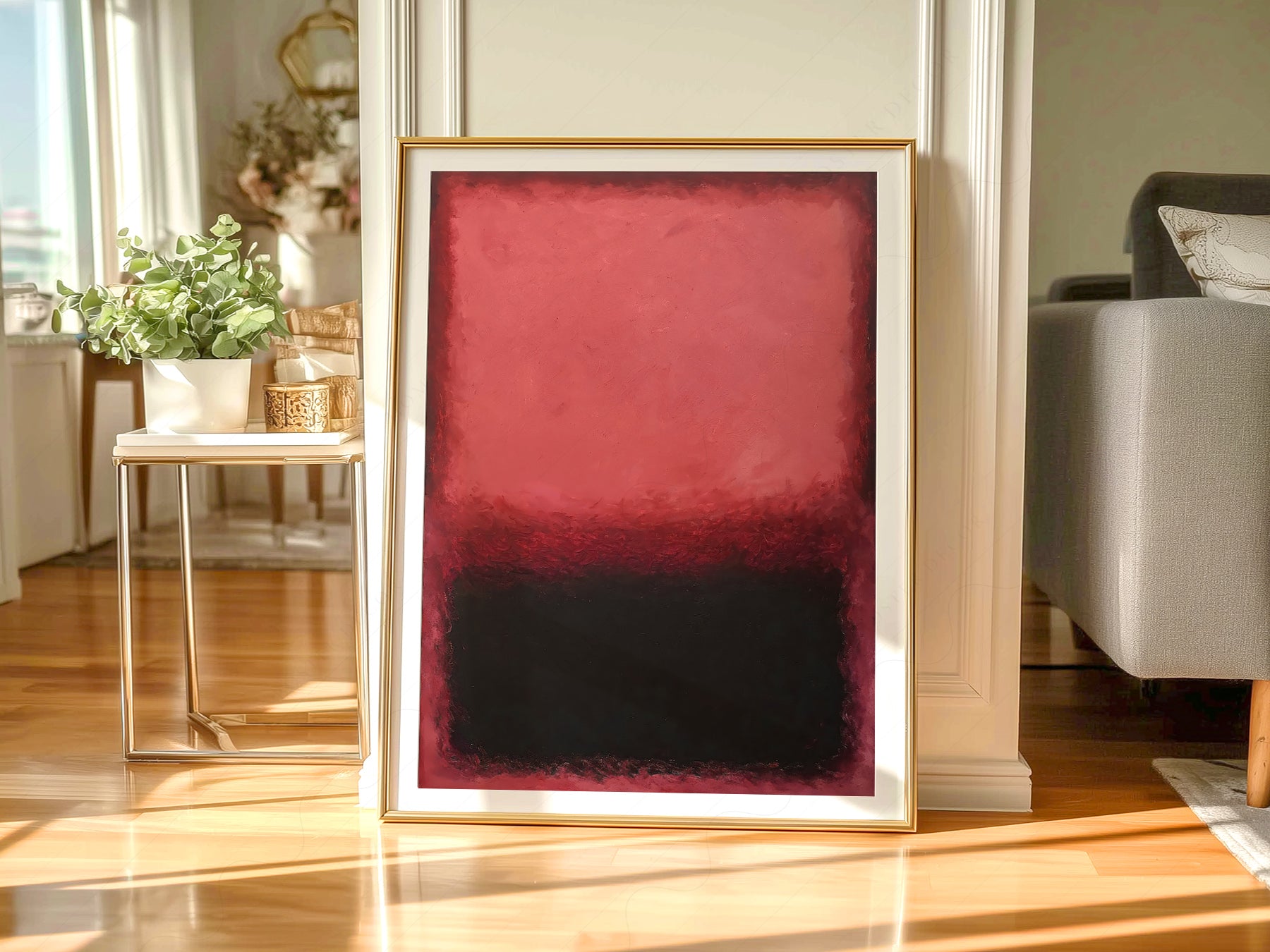 Mark Rothko Untitled Red and Black print styled in a mid-century modern dining room