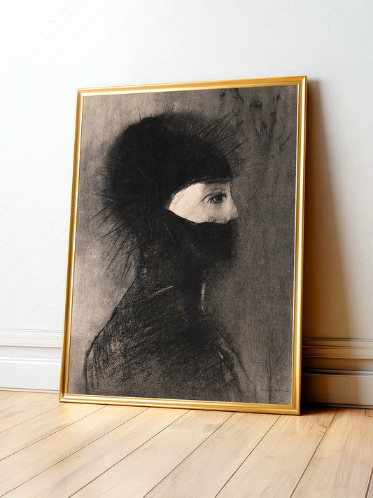 Odilon Redon Armor 1891 charcoal art print depicting a mysterious figure in spiked helmet and dark armor.