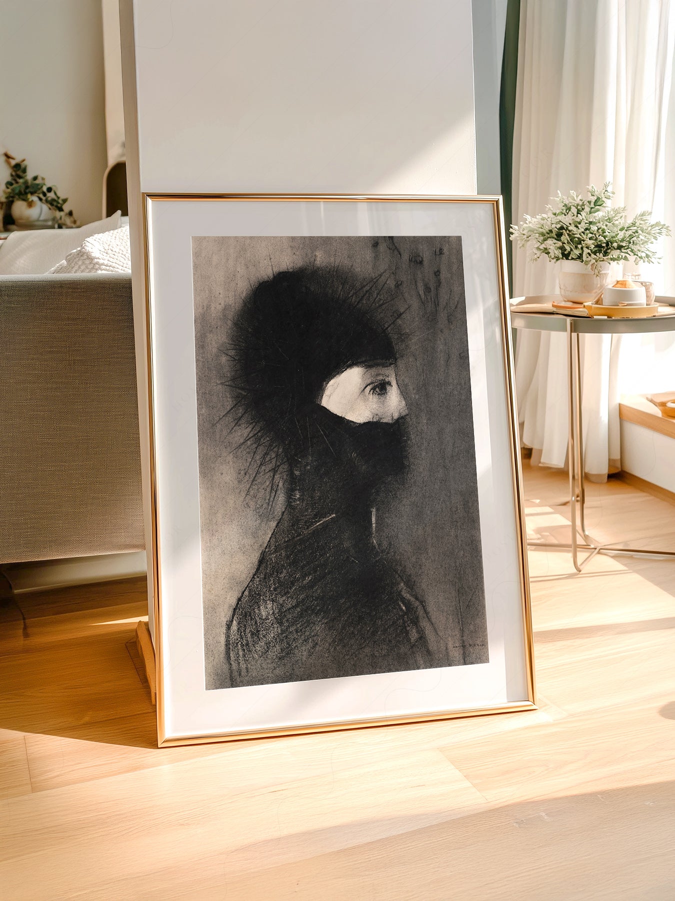 Odilon Redon Armor 1891 styled in a Scandinavian bedroom