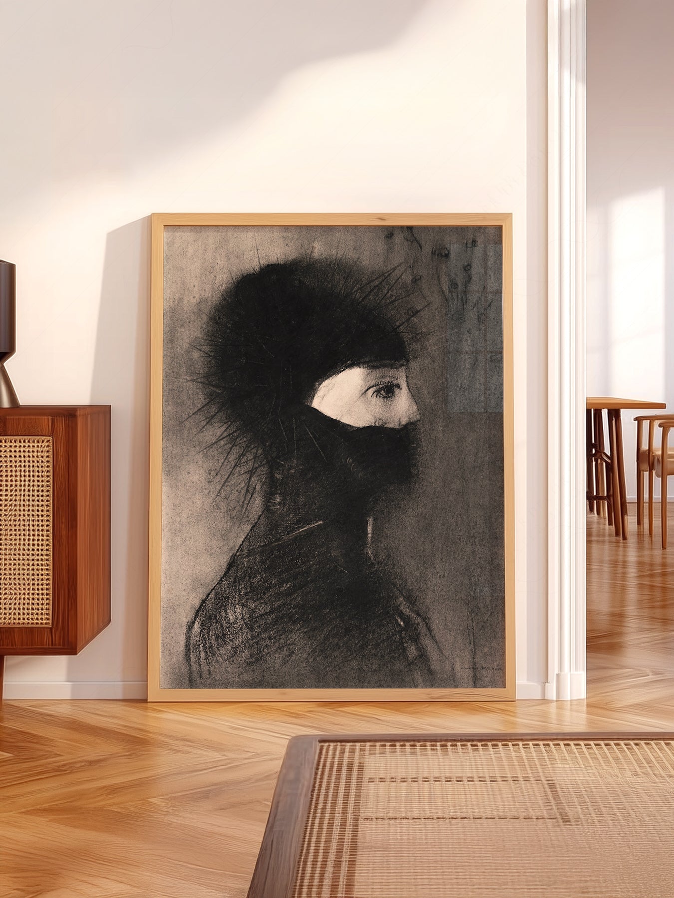 Odilon Redon Armor 1891 wall art in a cozy home study or reading room