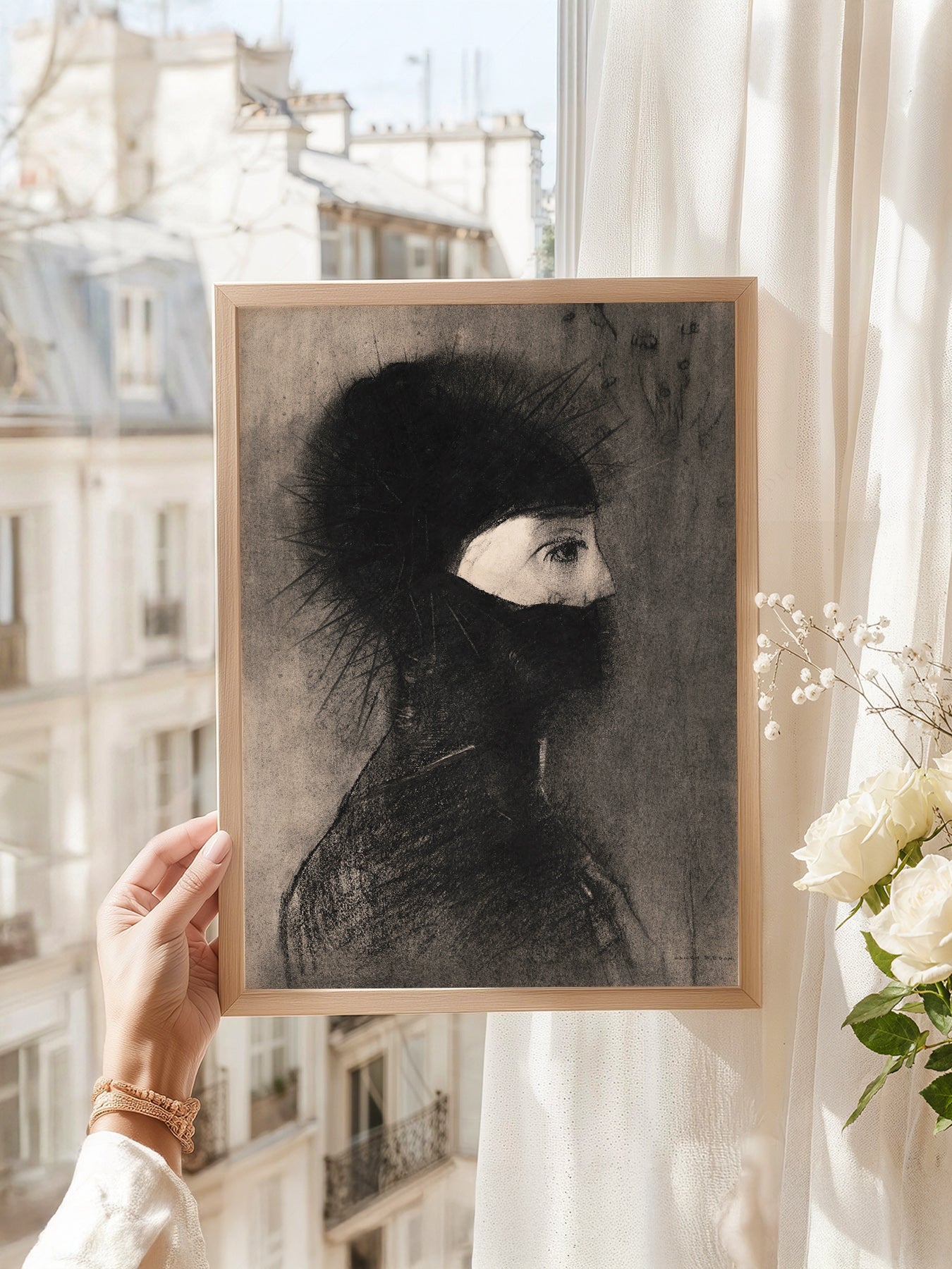 Odilon Redon Armor 1891 art print as wall decor in a minimalist home office