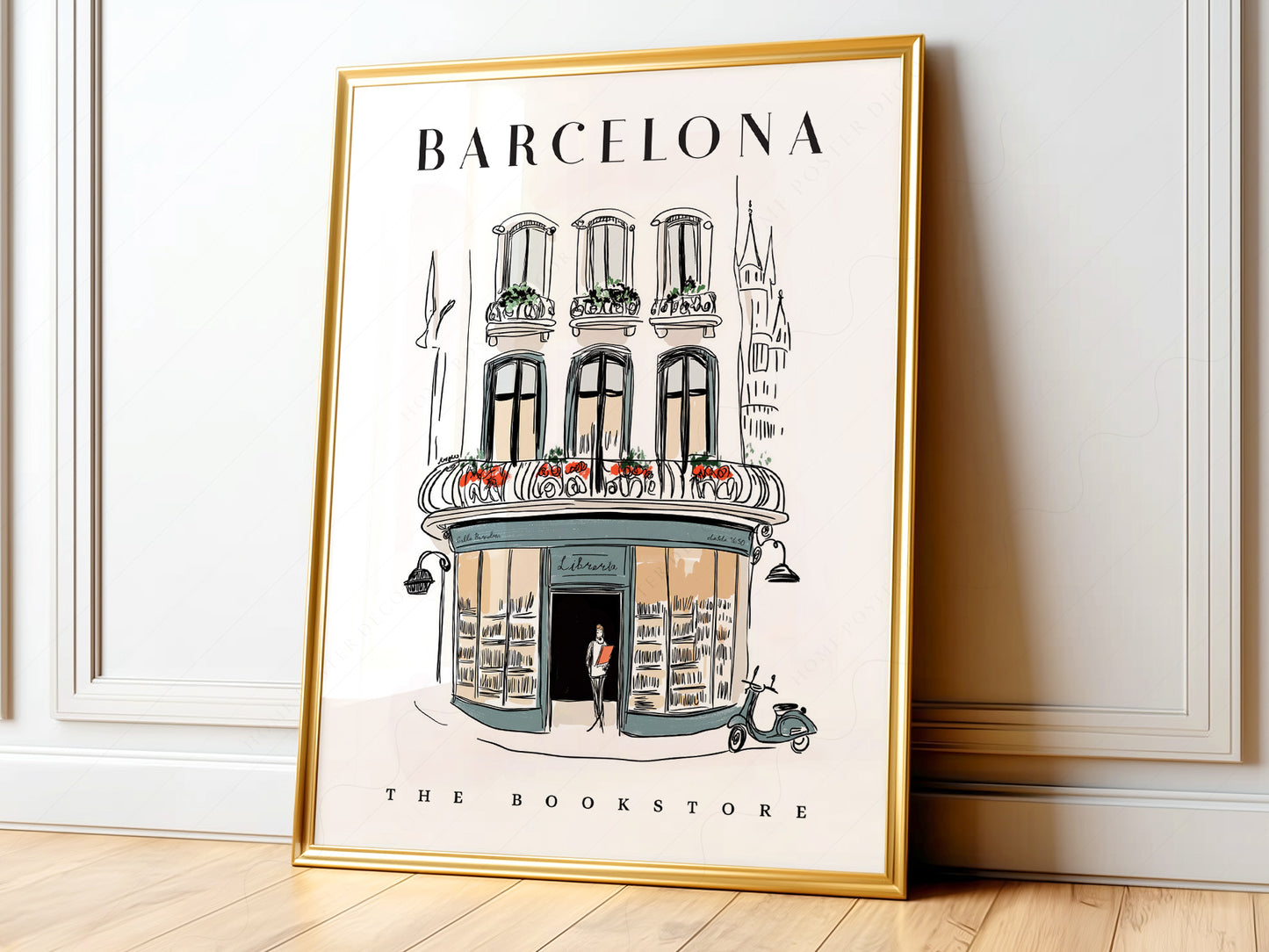 Barcelona bookstore illustration art print featuring a charming Spanish librería with balconies and Sagrada Família spires.