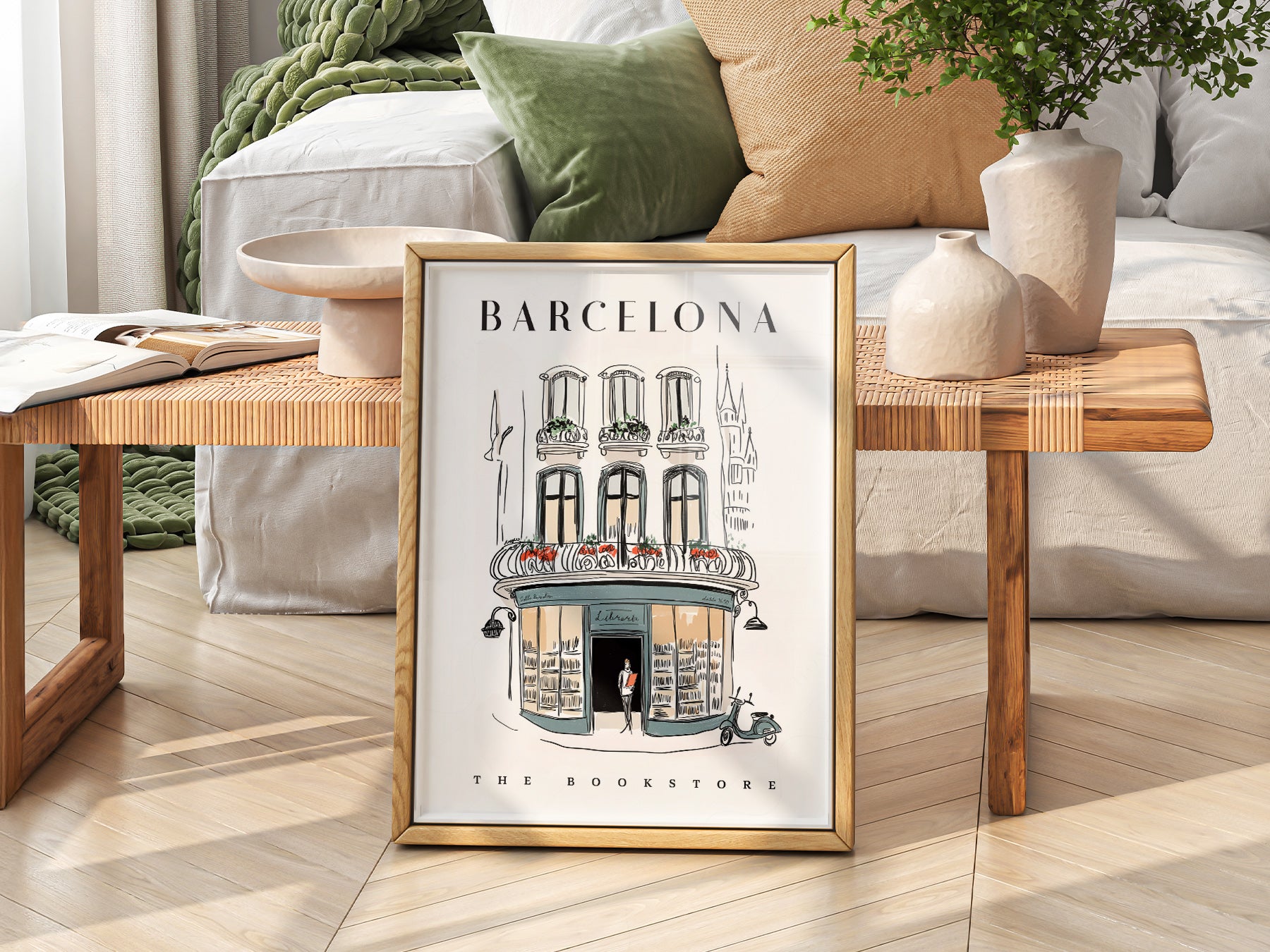 Barcelona Bookstore Illustration in a light-filled Japandi-inspired living space