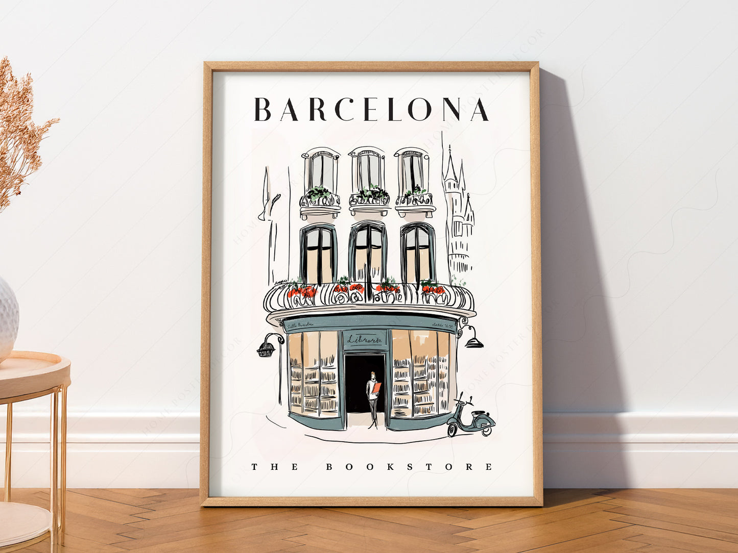 Multiple size options for Barcelona Bookstore Illustration wall art print display