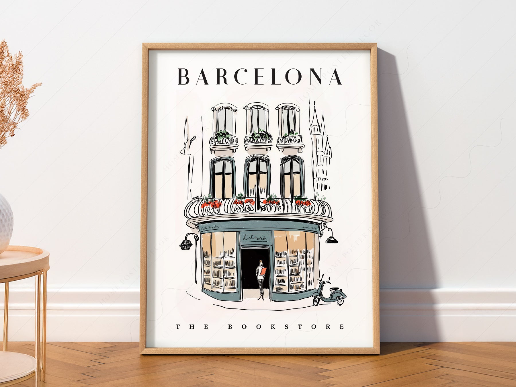 Multiple size options for Barcelona Bookstore Illustration wall art print display