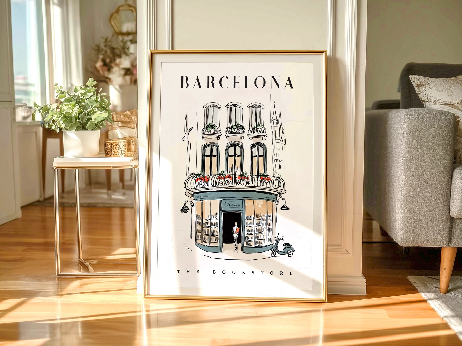 Gallery wall featuring Barcelona Bookstore Illustration fine art print